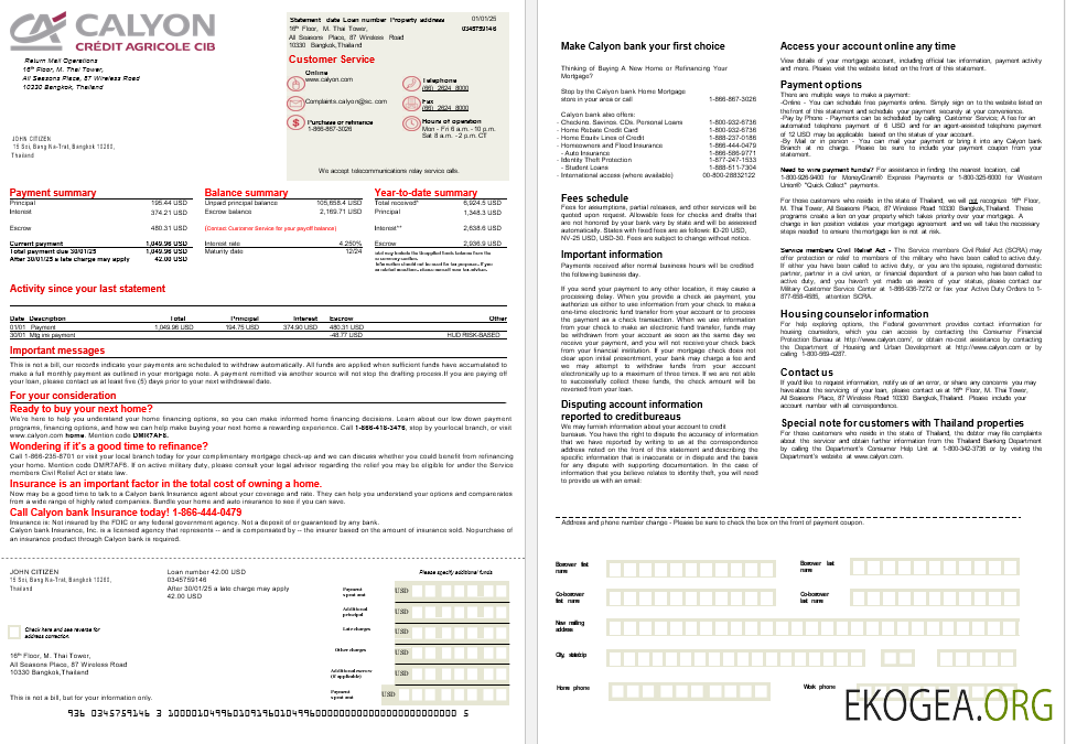 Relevé hypothécaire de la Thaïlande Caylon Bank aux formats Word et PDF, 2 pages